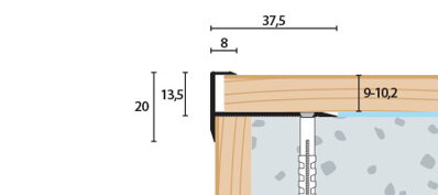 Schodová lišta vŕtaná šampanská matná 37,5x20 mm, hrúbka 9 - 10,2 mm