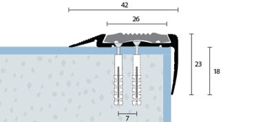 Schodová hrana dva krát vŕtaná s čiernou PVC vložkou zlatá matná 42x23 mm