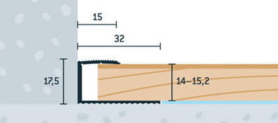 Ukovčovacia lišta strieborná matná 32x17,5 mm, hrúbka 14 - 15,2 mm