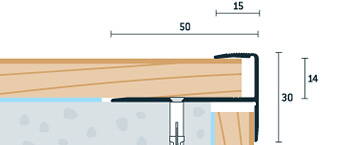 Schodová lišta vŕtaná strieborná matná 50x30 mm, hrúbka 13 - 15 mm